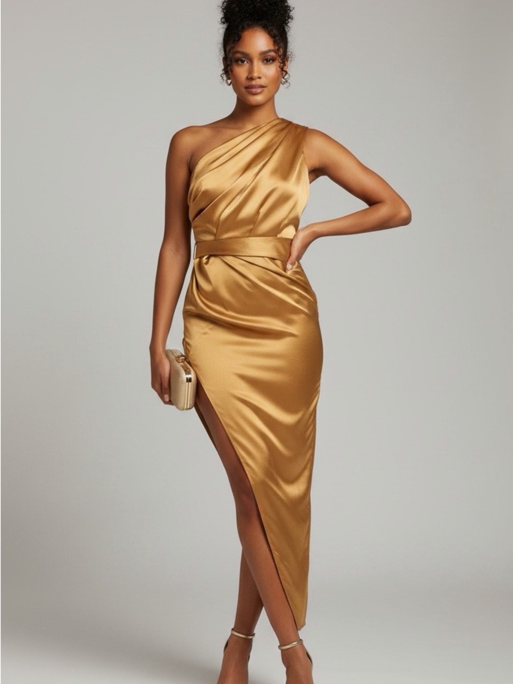 Nadia One-Shoulder Gold Satin Asymmetric Dress by Petal & Pup